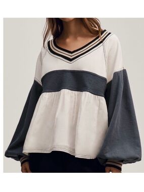 Anthropologie Navy and Cream V‑Neck Peplum Sweatshirt